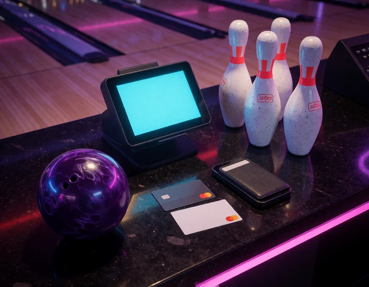 Visa, Mastercard, MiFinity und Prepaid-Zahlungen an einer Neon-Bowling-Kasse