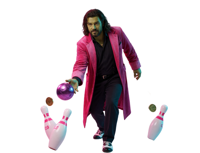 DudeSpin-Maskottchen Marek rollt kontrolliert eine Neon-Bowlingkugel beim finalen Aufruf zum Casino ohne OASIS