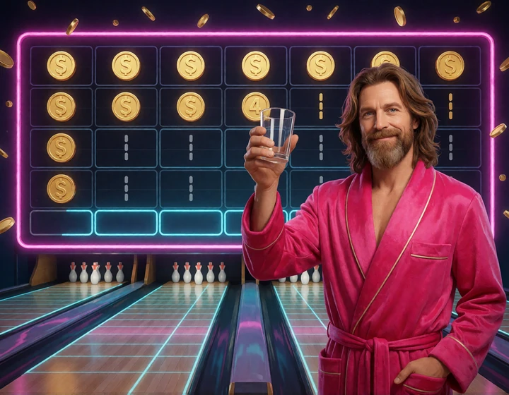 The Dude vor einer Neon-Scorecard erkl&auml;rt das Bowls Treueprogramm mit goldenen Strikes