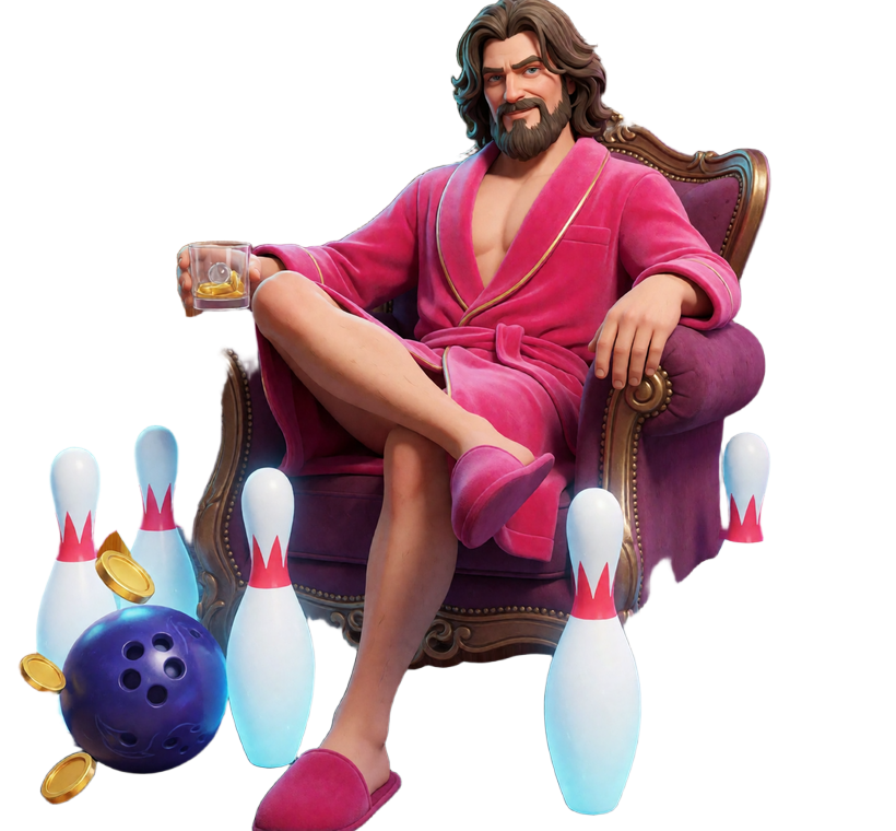 The Dude im pinken Mantel mit Neon-Kegeln und M&uuml;nzen im Online Casino Deutschland