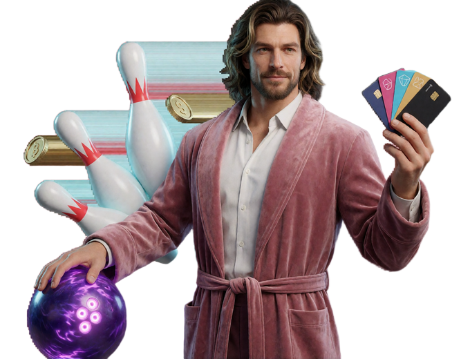 The Dude mit Bowlingkugel und Zahlungskarten beim Aufruf zur Kontoerstellung