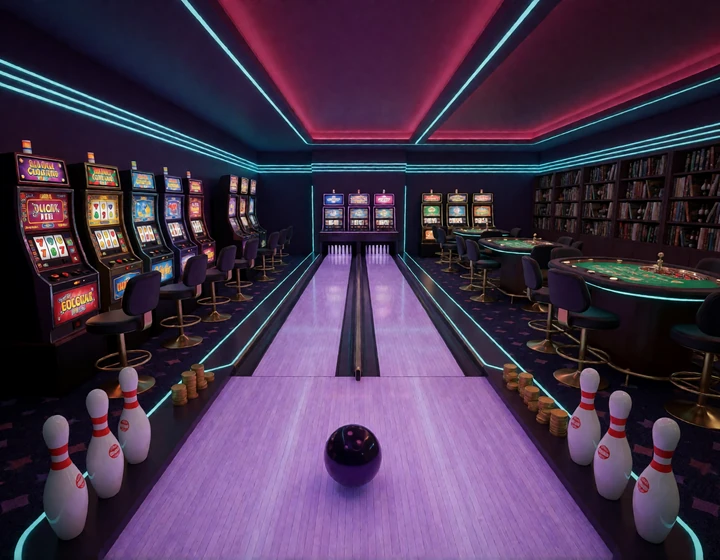 Neon-Spielhalle mit Slots, Live-Tischen und Bowlingbahn aus der DudeSpin Spielebibliothek