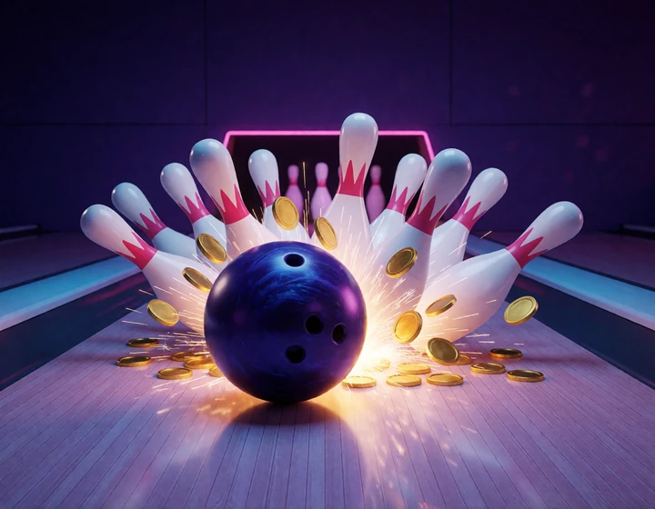 Neon-Bowlingkugel trifft zehn Kegel und verteilt Goldm&uuml;nzen f&uuml;r den DudeSpin Casino Bonus