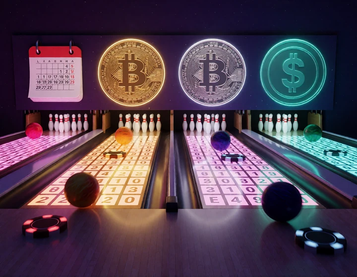 Vier leuchtende Bowlingbahnen inszenieren w&ouml;chentliche Reload-Boni und Krypto-Boosts bei DudeSpin