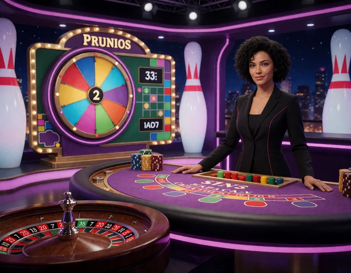 Live-Dealerin zwischen Blackjacktisch, Roulette und Neon-Game-Show im Live Casino online