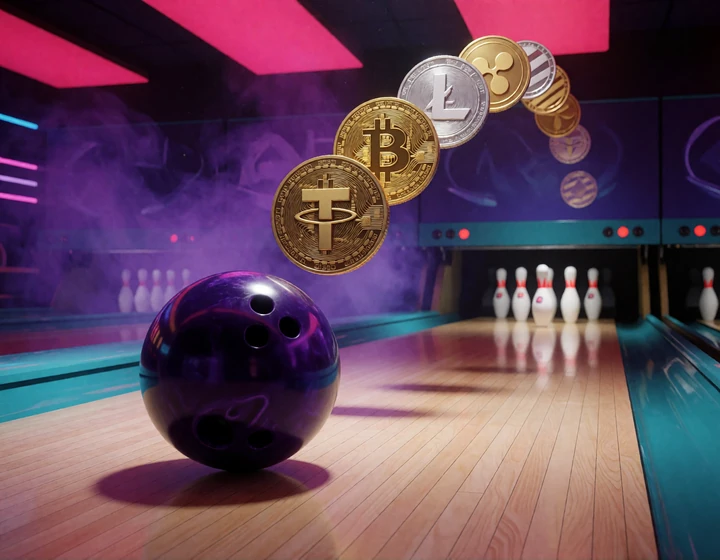 Krypto-M&uuml;nzen &uuml;ber einer Neon-Bowlingbahn f&uuml;r BTC-, USDT-, ETH-, LTC- und XRP-Zahlungen
