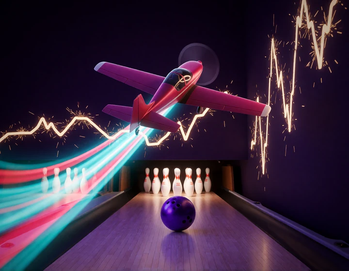 Aviator-inspirierter Neon-Flug &uuml;ber einer schnellen Bowlingbahn mit leuchtenden Kegeln