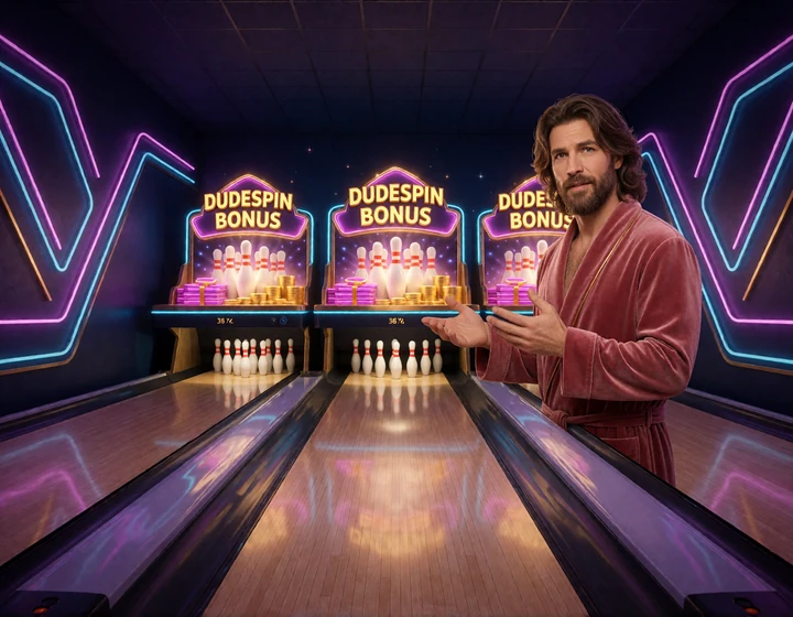 Drei Neon-Bowlingbahnen zeigen die Stufen des DudeSpin Willkommensbonus mit 150 Freispielen