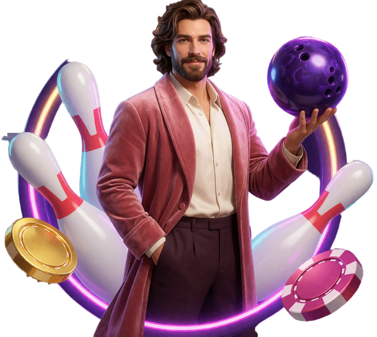 DudeSpin Mascot pr&auml;sentiert Bowlingkugel, Freispiele und M&uuml;nzen f&uuml;r den Casino Bonus ohne Einzahlung