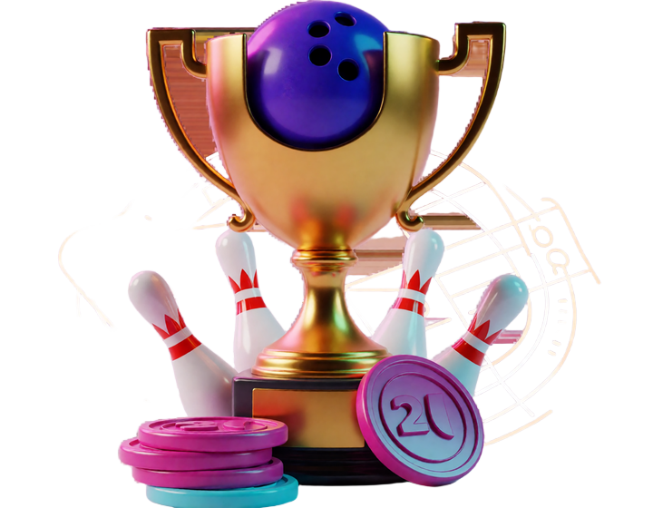 Goldene Bowling-Troph&auml;e mit Pins und Reward-Marken f&uuml;r das DudeSpin Bowls Treueprogramm
