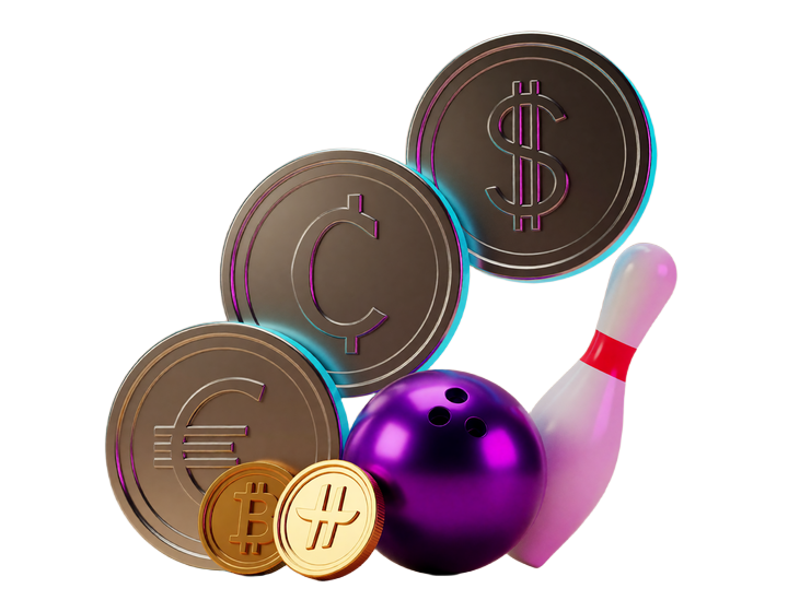 EUR-, USD-, CAD- und AUD-M&uuml;nzen mit Bowlingkugel f&uuml;r unterst&uuml;tzte DudeSpin W&auml;hrungen