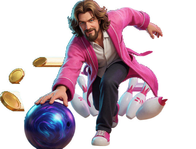 The Dude rollt eine leuchtende Bowlingkugel zum finalen DudeSpin Registrierungsaufruf
