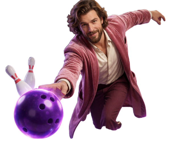 DudeSpin Mascot wirft eine violette Bowlingkugel zum finalen Aufruf f&uuml;r Bonusaktionen